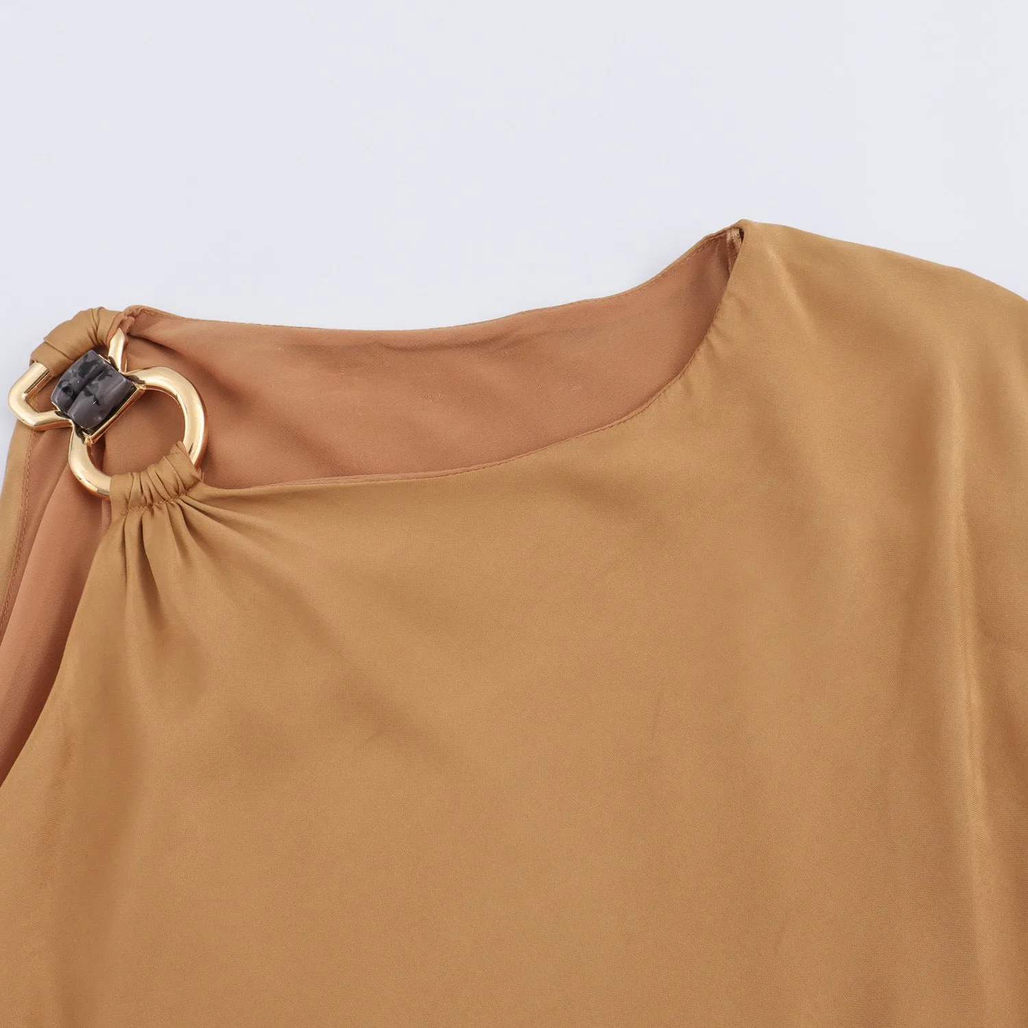 Pre Order: Asymmetric Silk Texture Buckle Shoulder Midi Dress