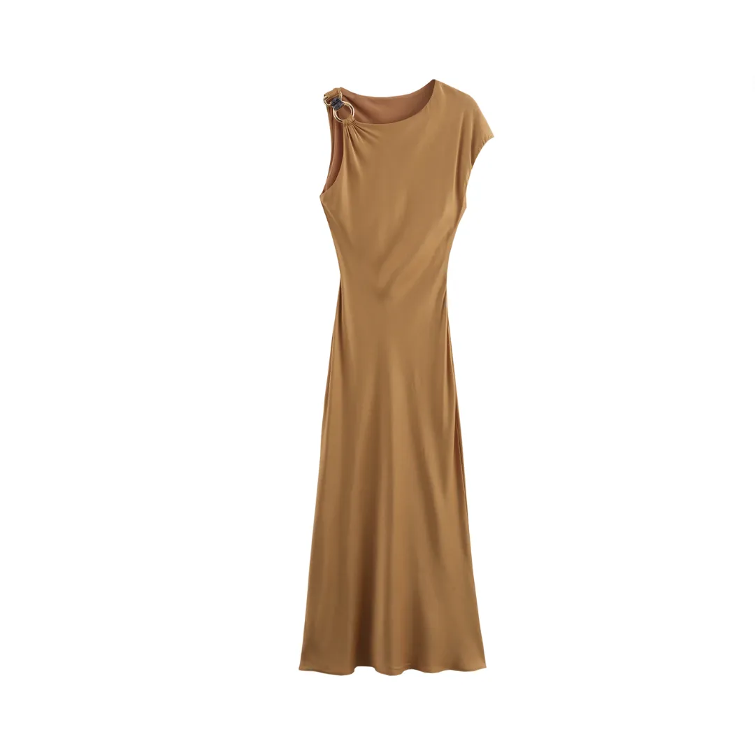 Pre Order: Asymmetric Silk Texture Buckle Shoulder Midi Dress