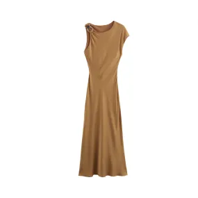 Pre Order: Asymmetric Silk Texture Buckle Shoulder Midi Dress