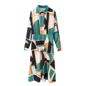 Pre Order:  Green Geometric Printed Long Sleeve Midi Dress