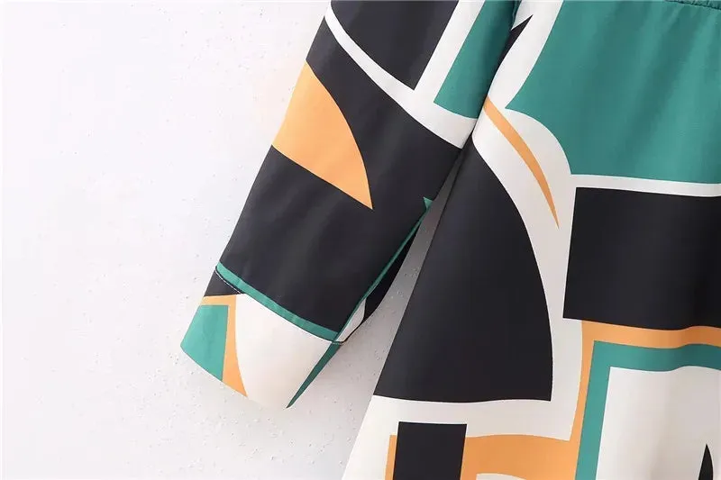 Pre Order:  Green Geometric Printed Long Sleeve Midi Dress