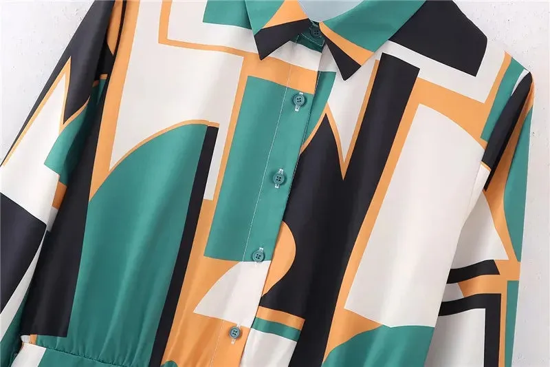 Pre Order:  Green Geometric Printed Long Sleeve Midi Dress