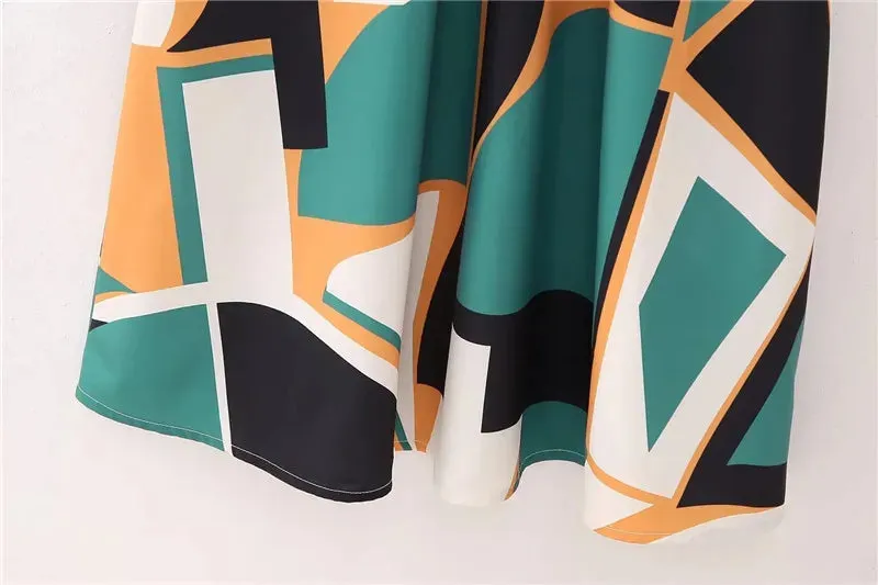 Pre Order:  Green Geometric Printed Long Sleeve Midi Dress