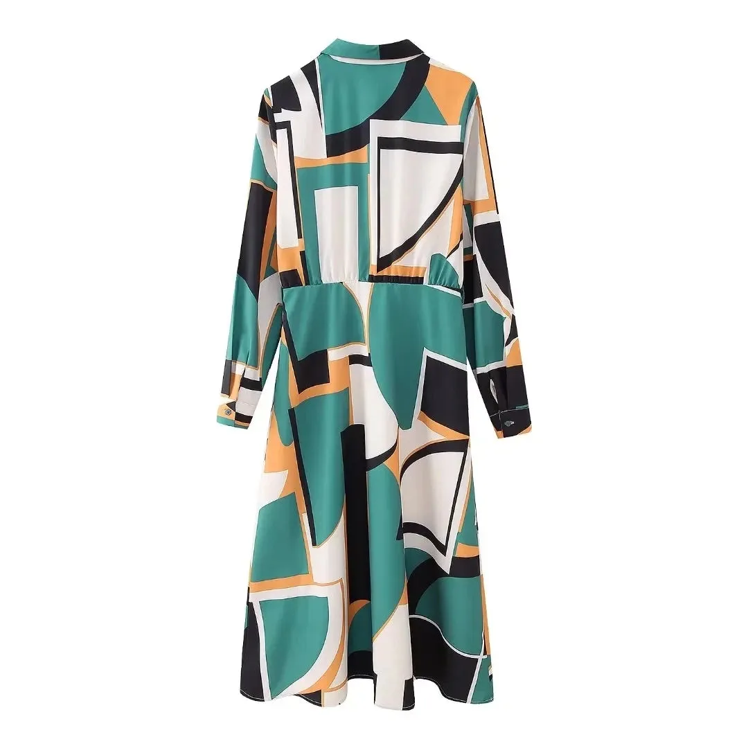 Pre Order:  Green Geometric Printed Long Sleeve Midi Dress
