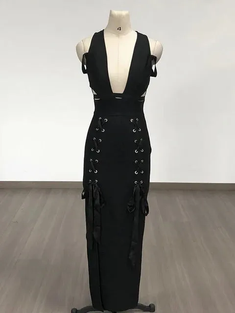 Pre Order:  Hollow Double Split Ribbon Bandage Dress