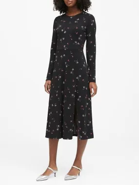 Print Fit-and-Flare Dress in Black Floral
