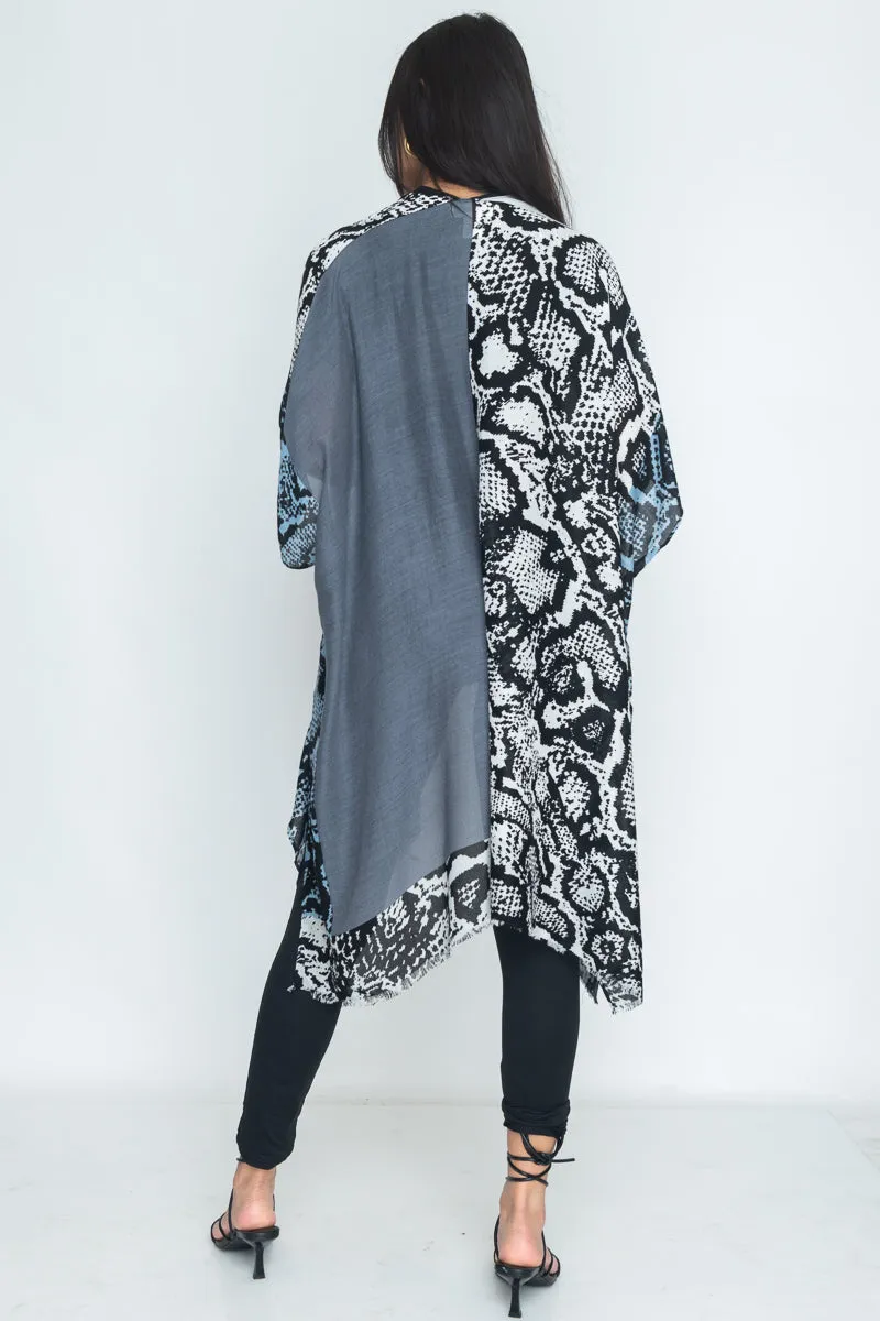 Python And Solid Print Long Cardigan Cover-up Kimono Unfinished Hem (R103131/RN94522)
