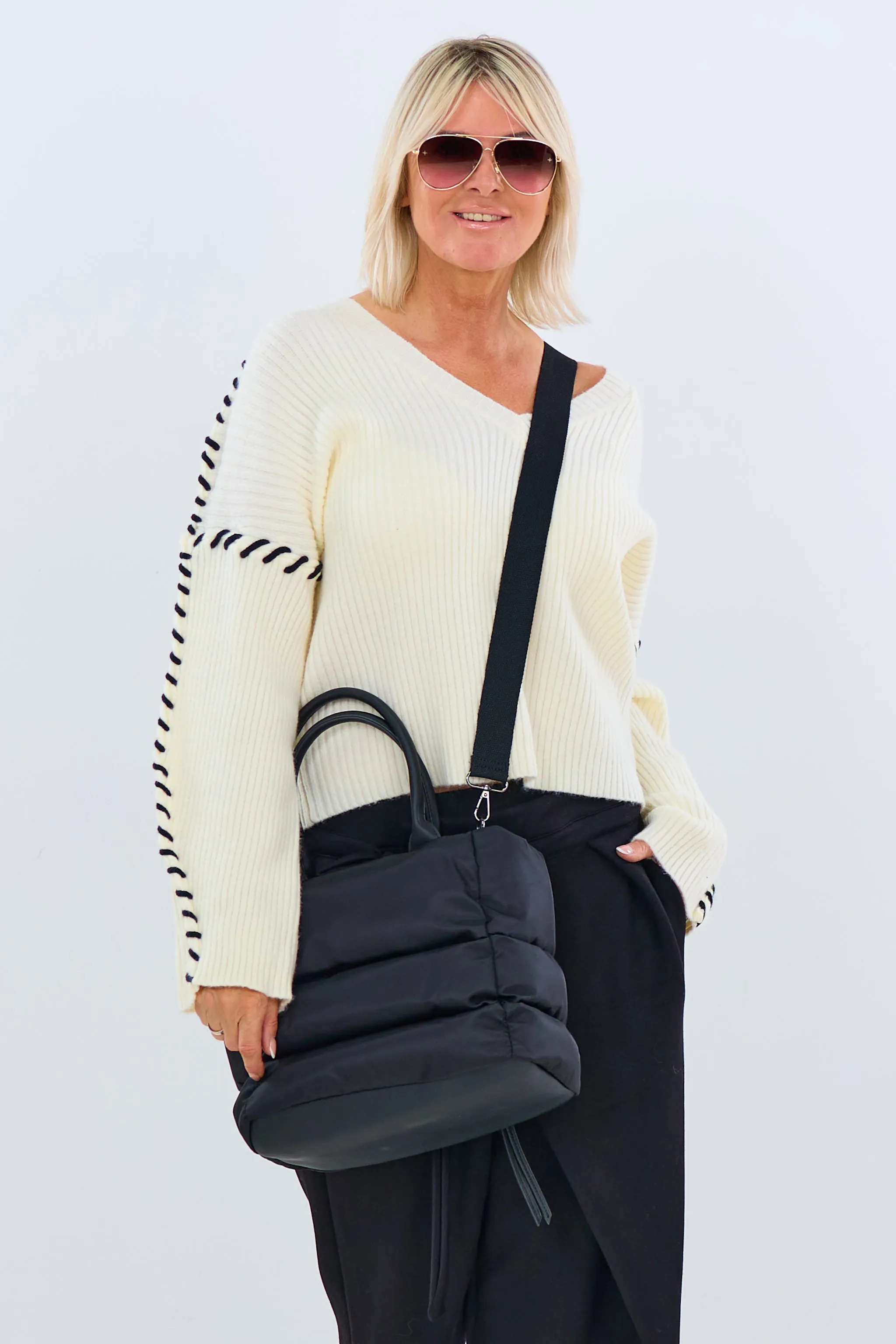 Ripp-Pulli mit Zierkordel, creme-ecru