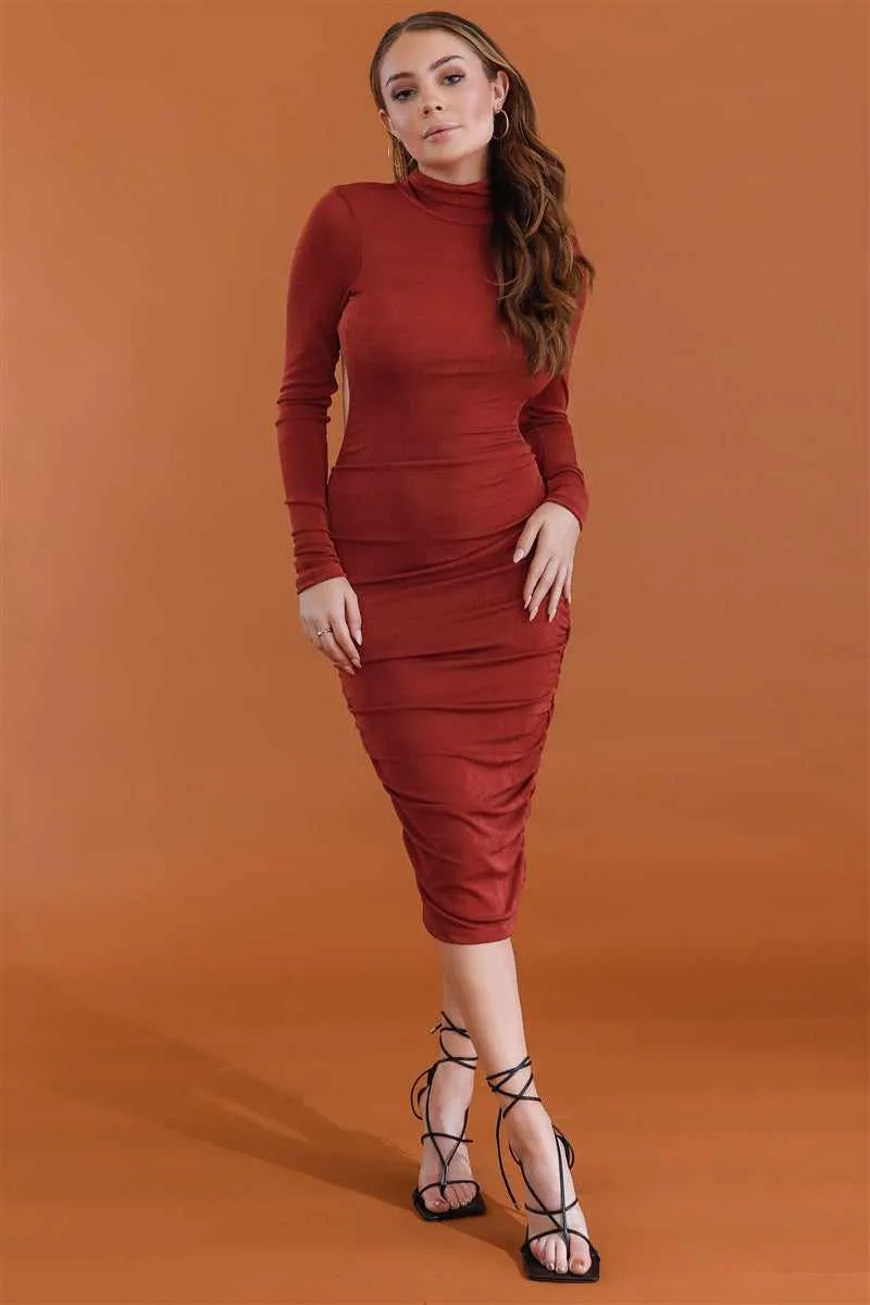 Ruched Turtle Neck Open Back Midi Dress