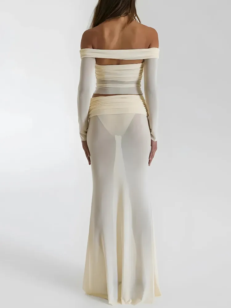 Sheer Off Shoulder Top & Maxi Skirt Two Piece Set