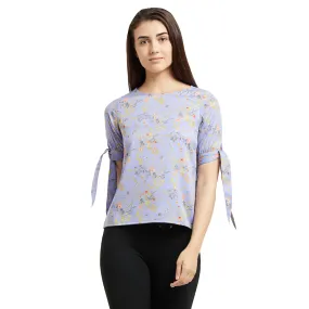 Sky Blue Floral Top with Tie-up Sleeves