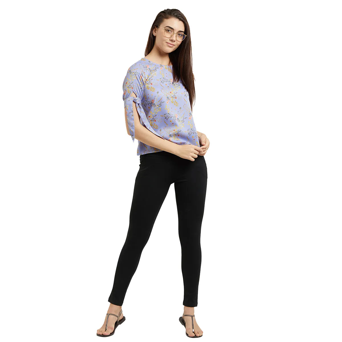 Sky Blue Floral Top with Tie-up Sleeves