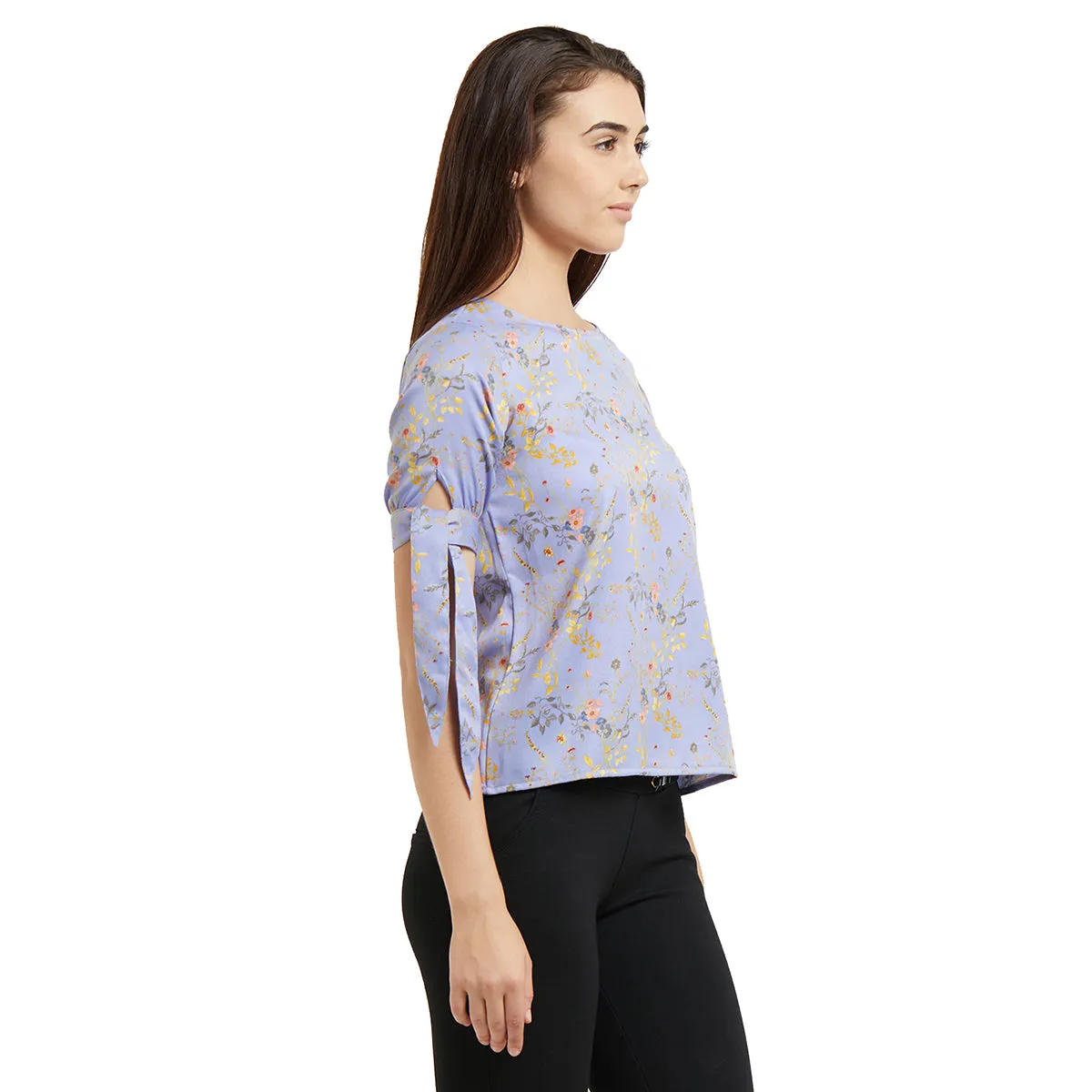 Sky Blue Floral Top with Tie-up Sleeves