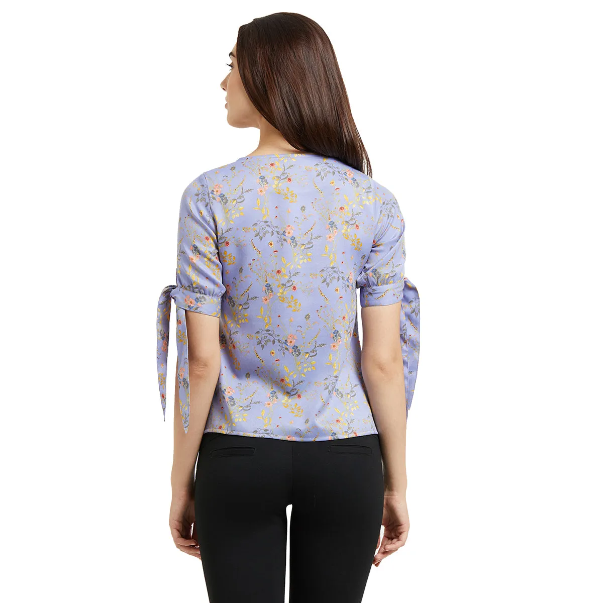 Sky Blue Floral Top with Tie-up Sleeves