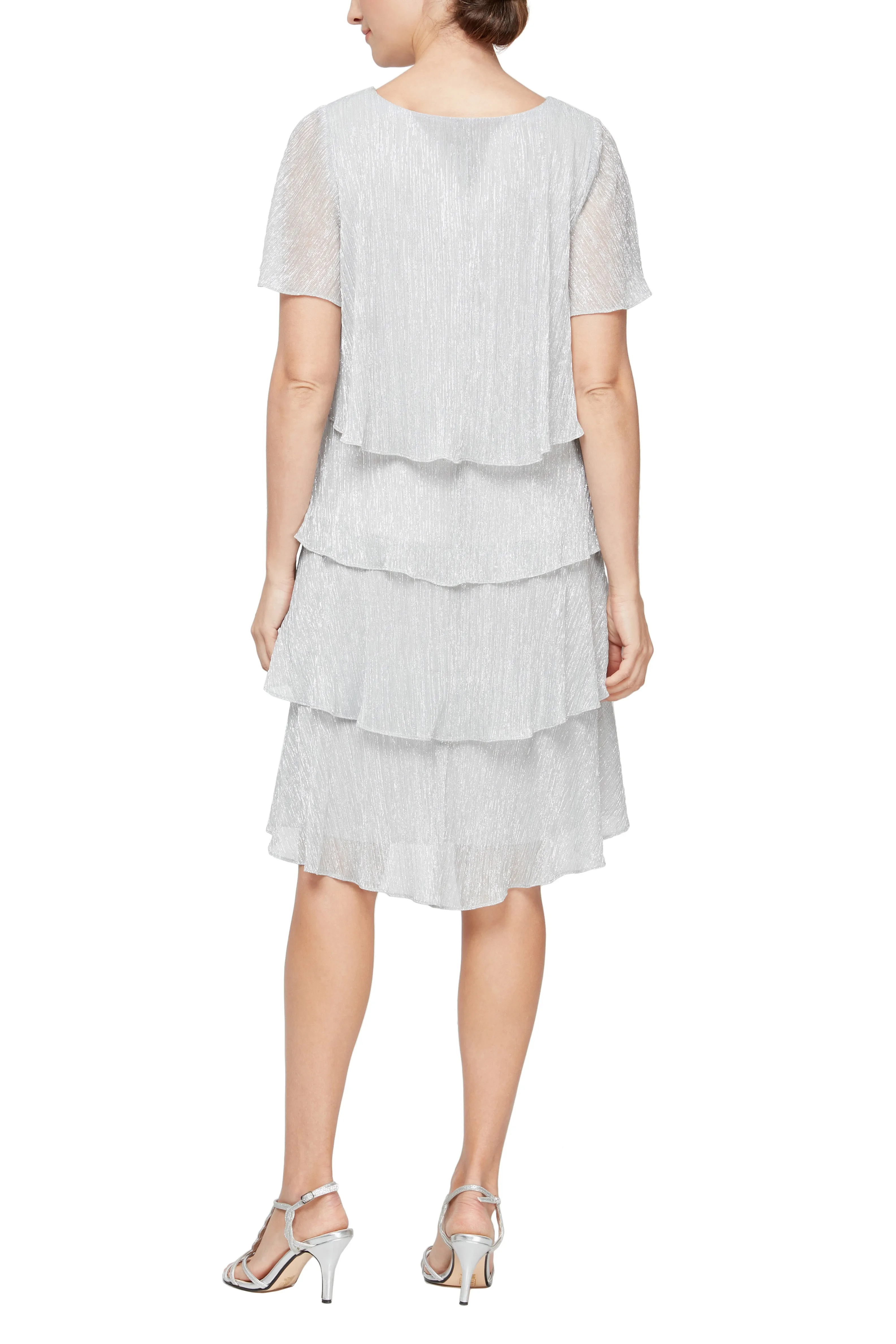 SL Fashions Shimmer Tiered Ruffle V-Neck Embellishment Short Flutter Sleeve Shift Dress