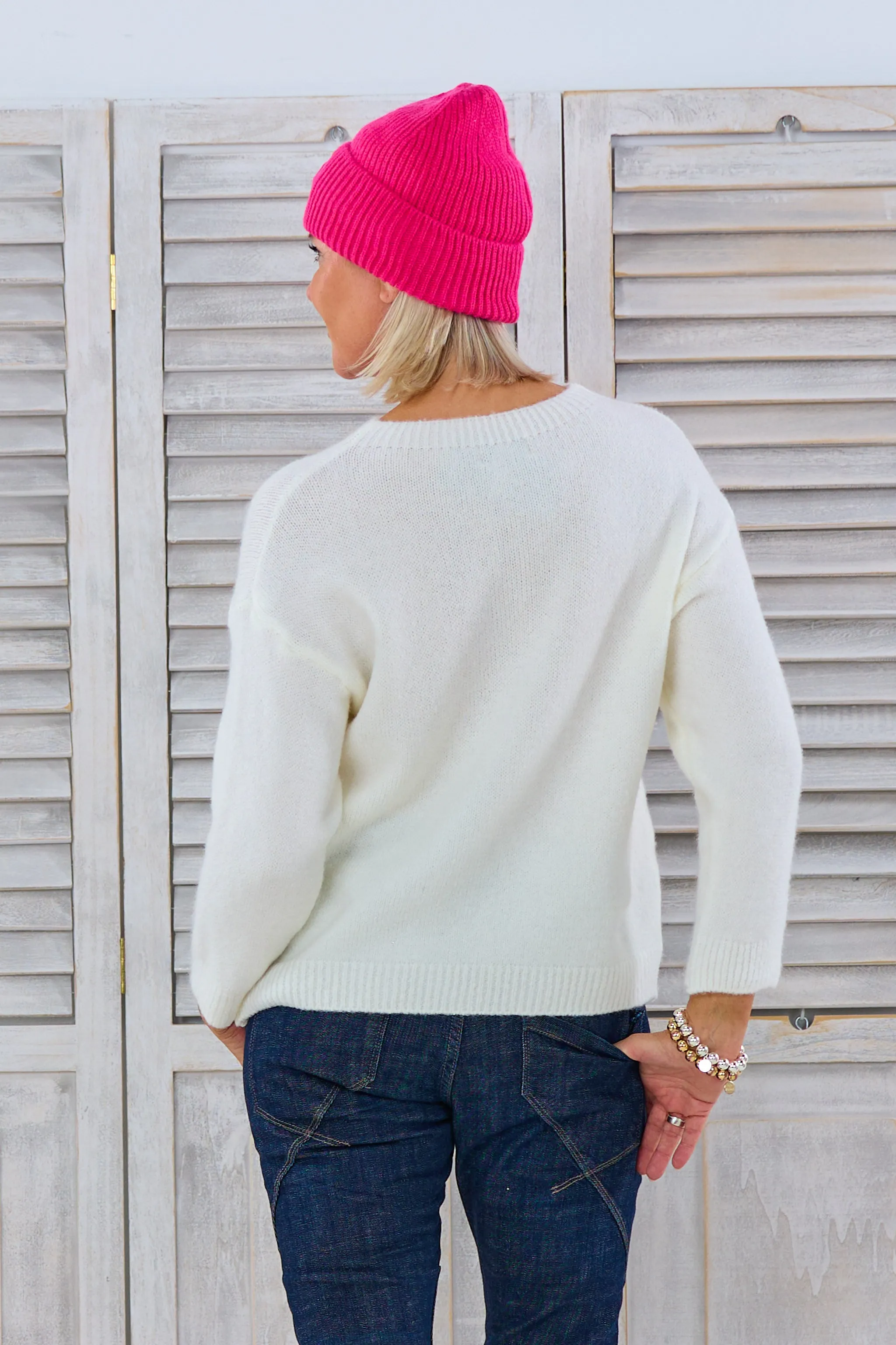 Strickpulli mit eingestricktem Schriftzug, ecru-pink
