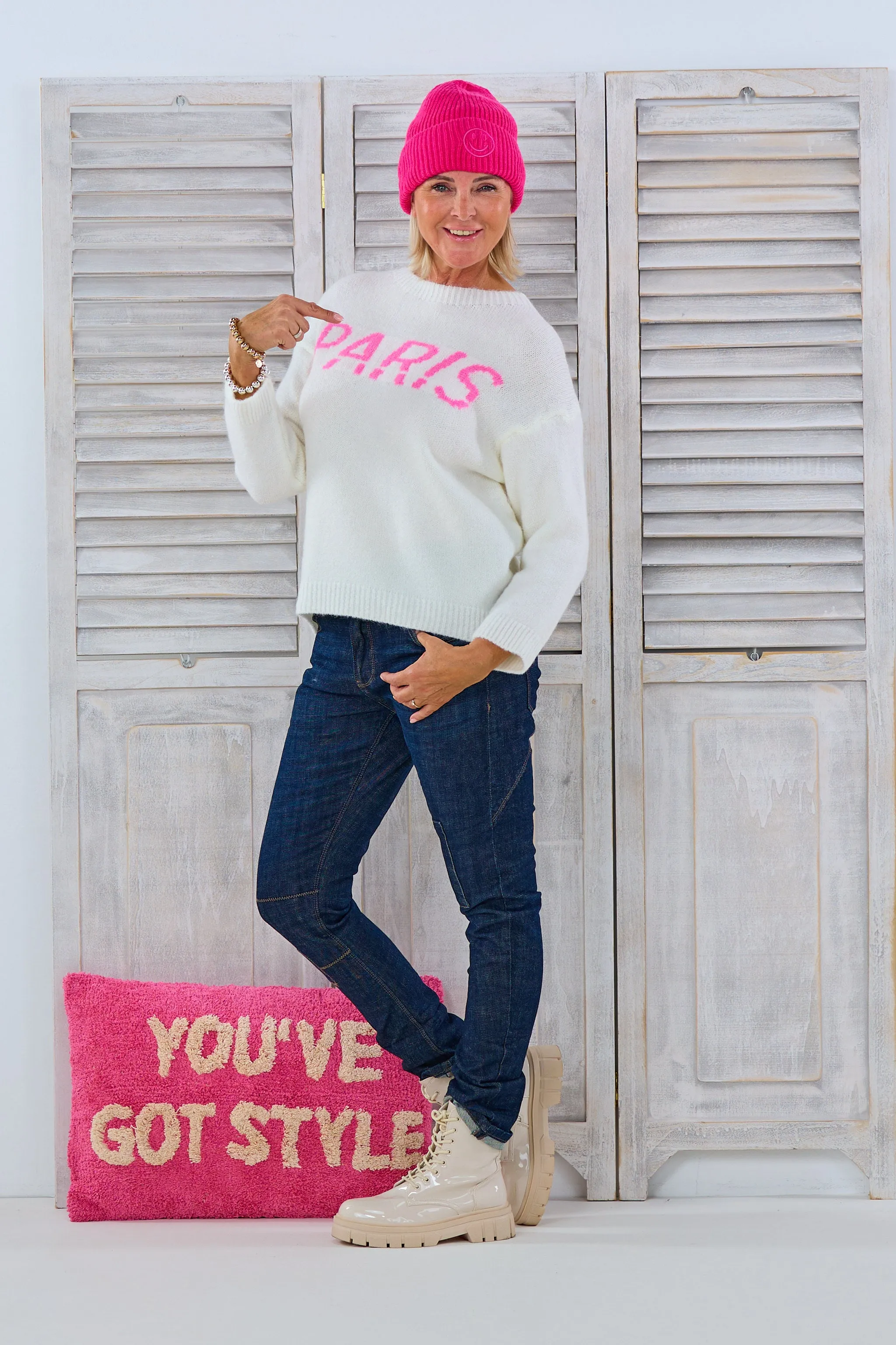 Strickpulli mit eingestricktem Schriftzug, ecru-pink