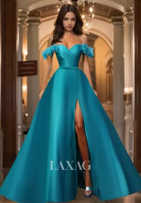 Sweetheart Off-Shoulder Sleeveless Mermaid Prom Dress Pleated Satin A-Line Formal Gowns with Slit