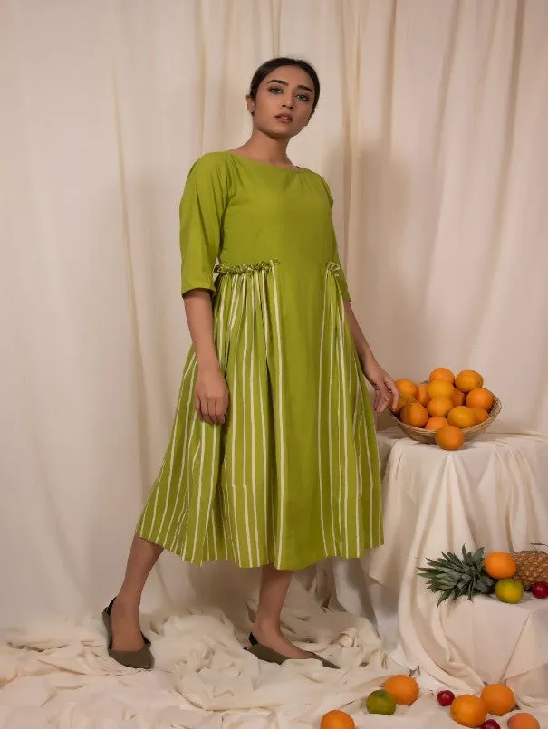 Sweetlime Green Plain And Stripes Gathered Panel Dress