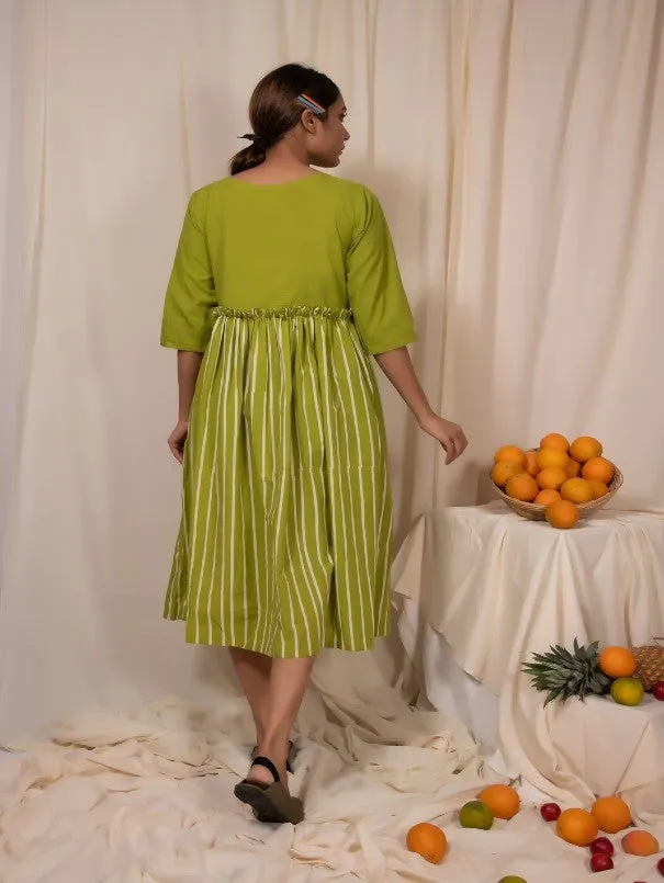 Sweetlime Green Plain And Stripes Gathered Panel Dress