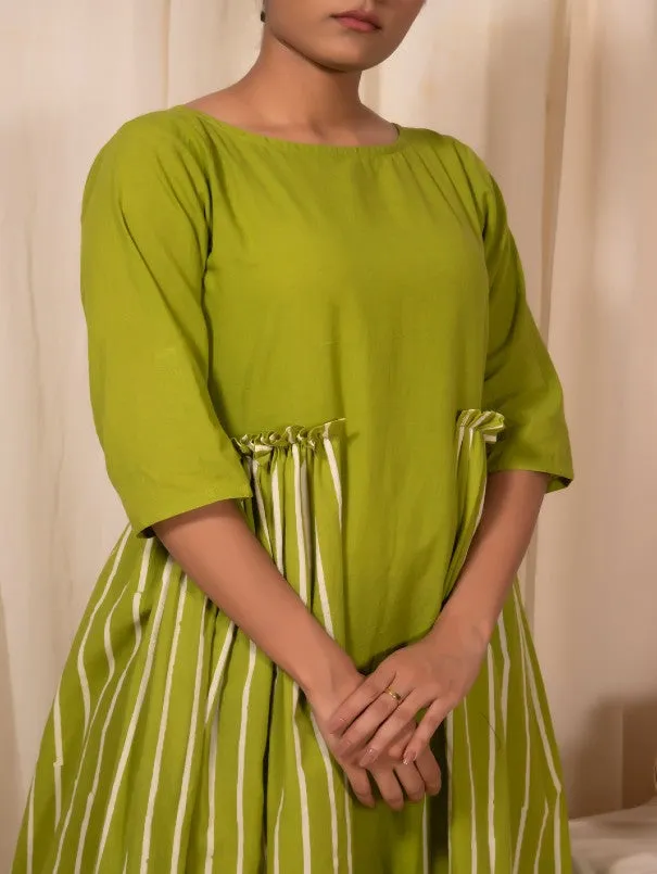 Sweetlime Green Plain And Stripes Gathered Panel Dress