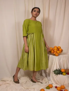 Sweetlime Green Plain And Stripes Gathered Panel Dress