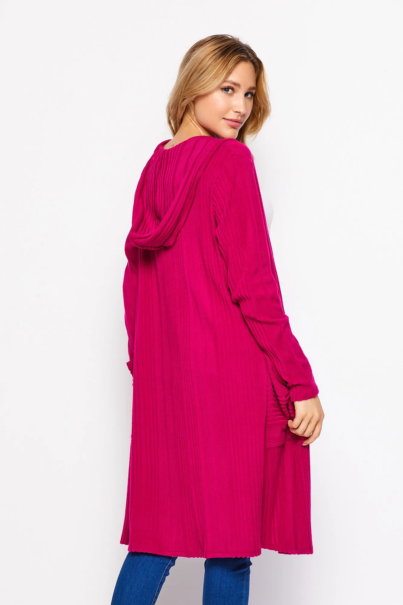 T10931RBS Ribbed Hoodie Cardiagan with Pockets