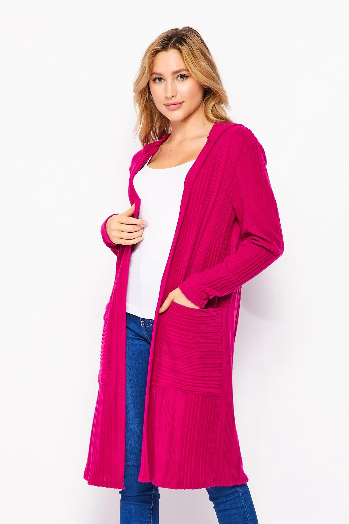 T10931RBS Ribbed Hoodie Cardiagan with Pockets