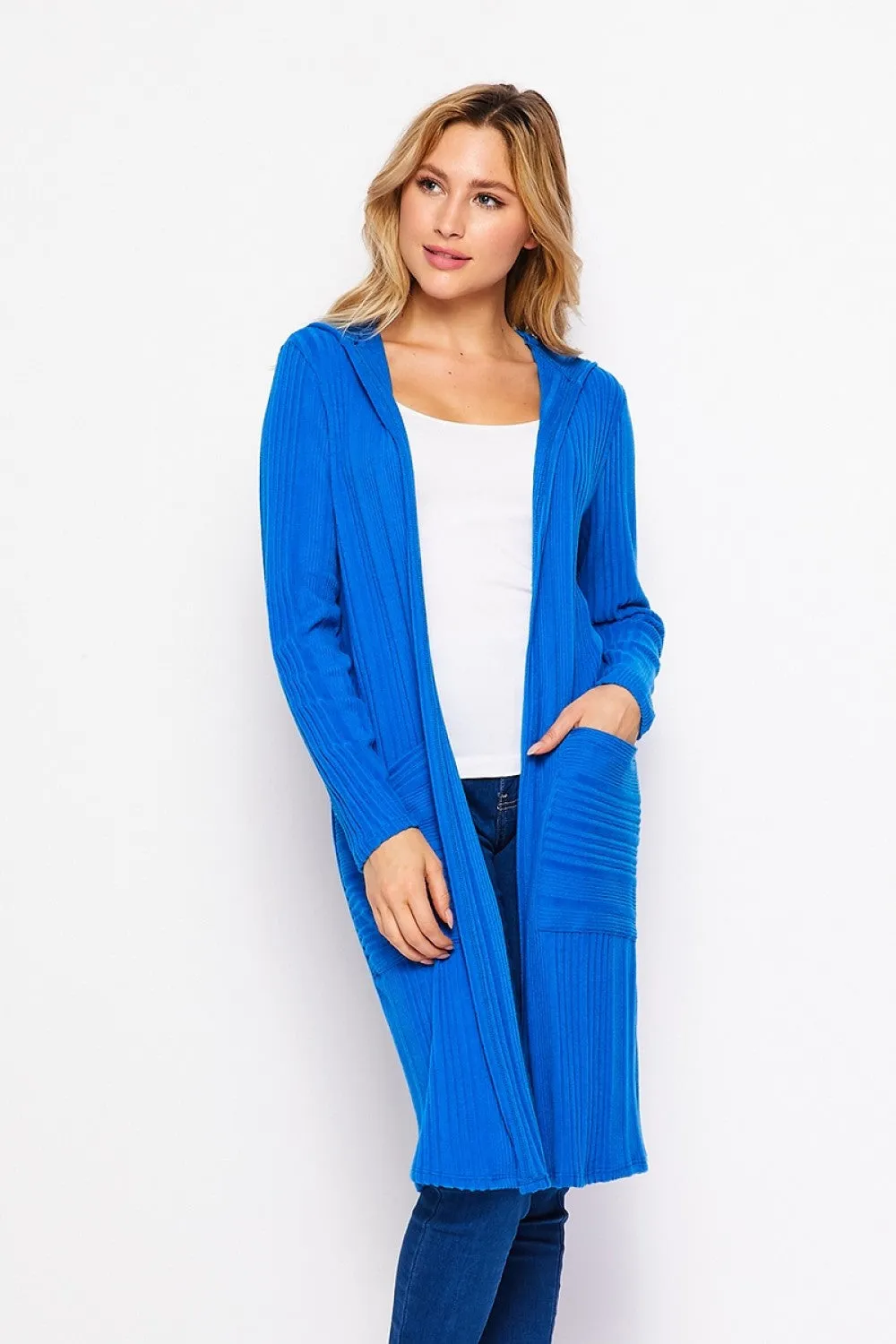 T10931RBS Ribbed Hoodie Cardiagan with Pockets