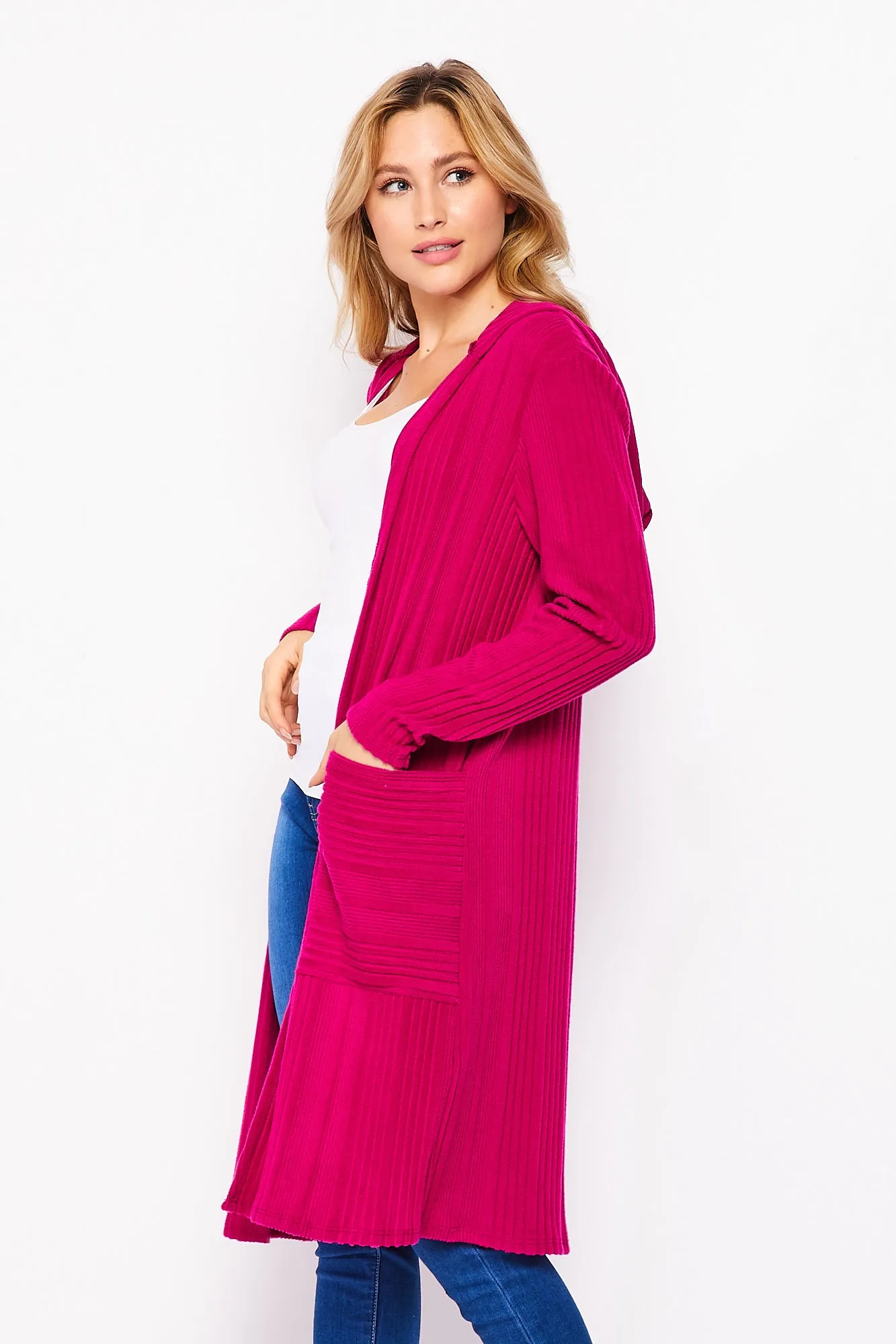 T10931RBS Ribbed Hoodie Cardiagan with Pockets