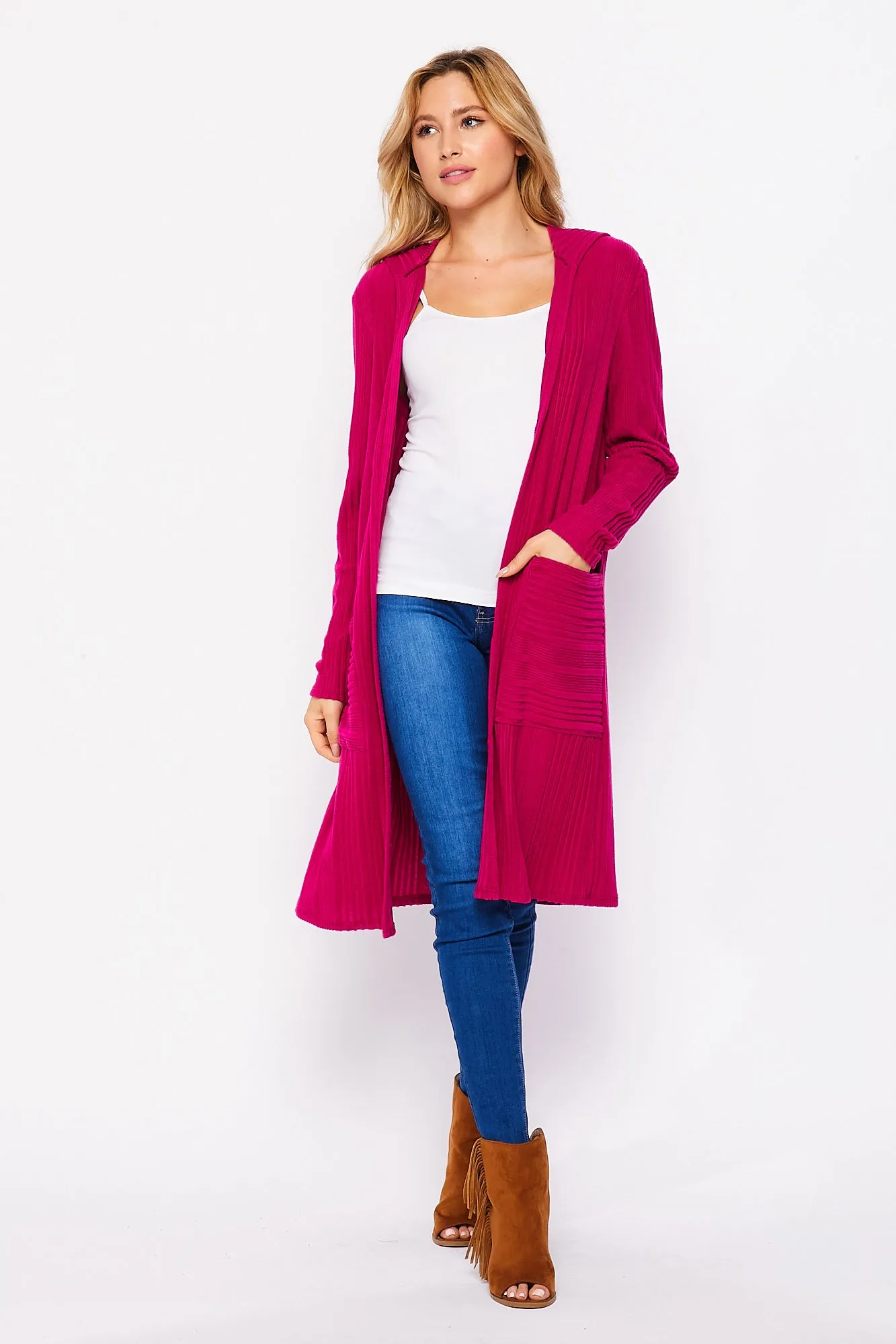 T10931RBS Ribbed Hoodie Cardiagan with Pockets