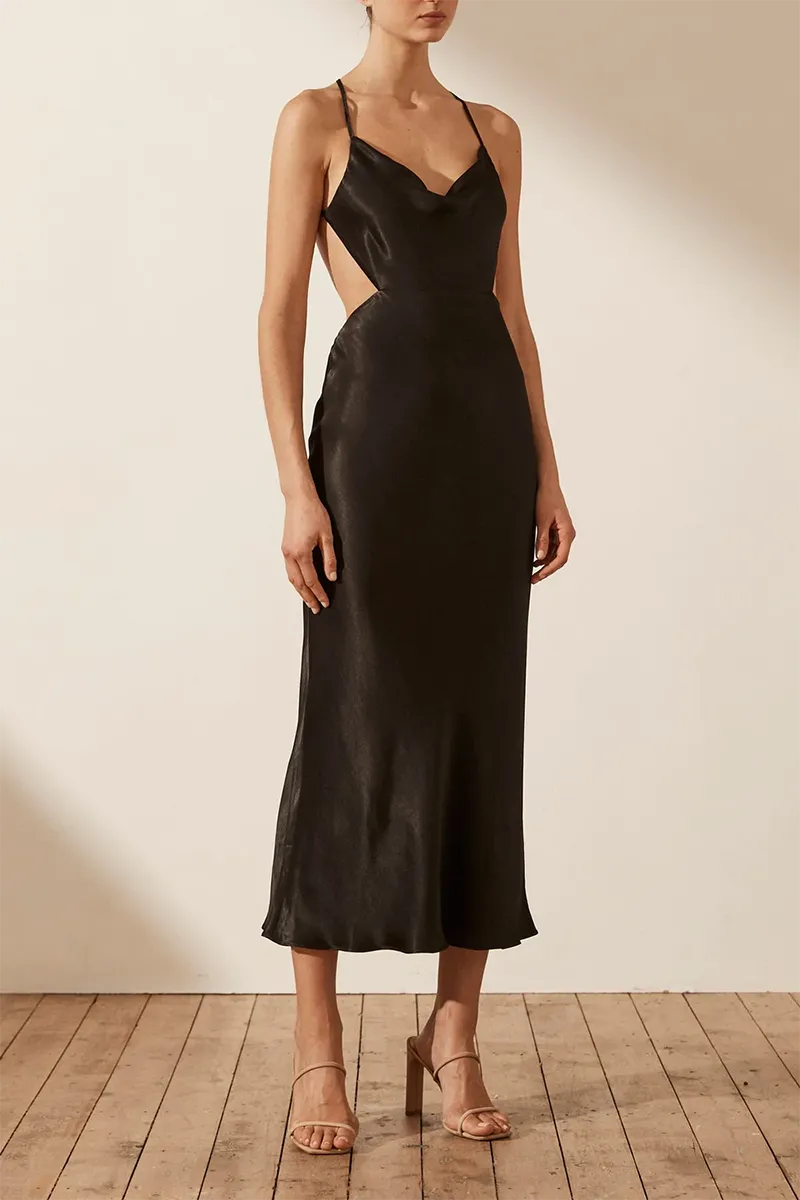 Thalia Bias Cut Out Midi in Black