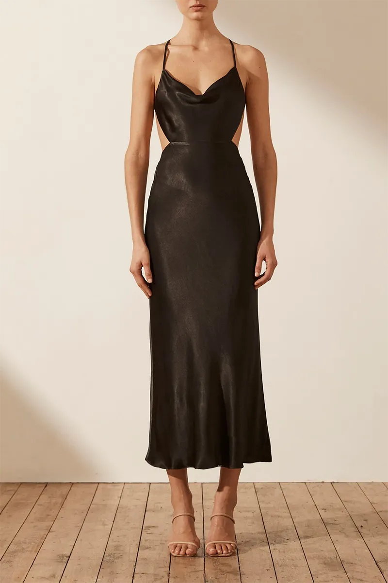 Thalia Bias Cut Out Midi in Black