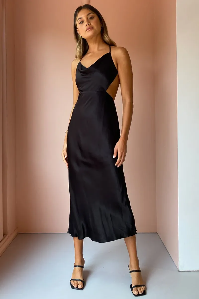 Thalia Bias Cut Out Midi in Black