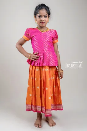 Traditional Zari Brocade Printed Pink Silk Peplum Blouse with Knife Pleated Yellow Silk Skirt for Girls GPP265B