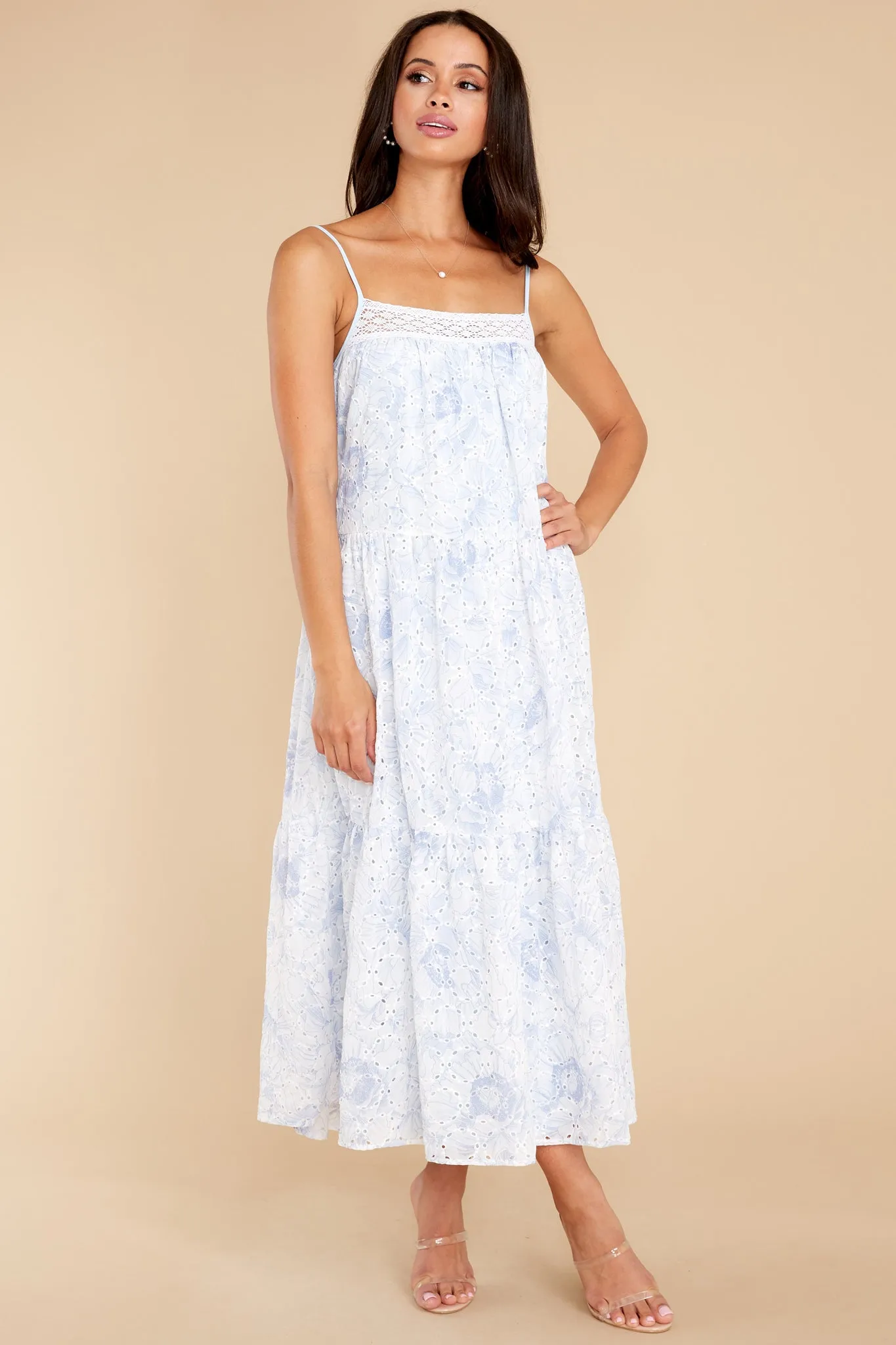 Treat With Care Baby Blue Floral Print Eyelet Midi Dress