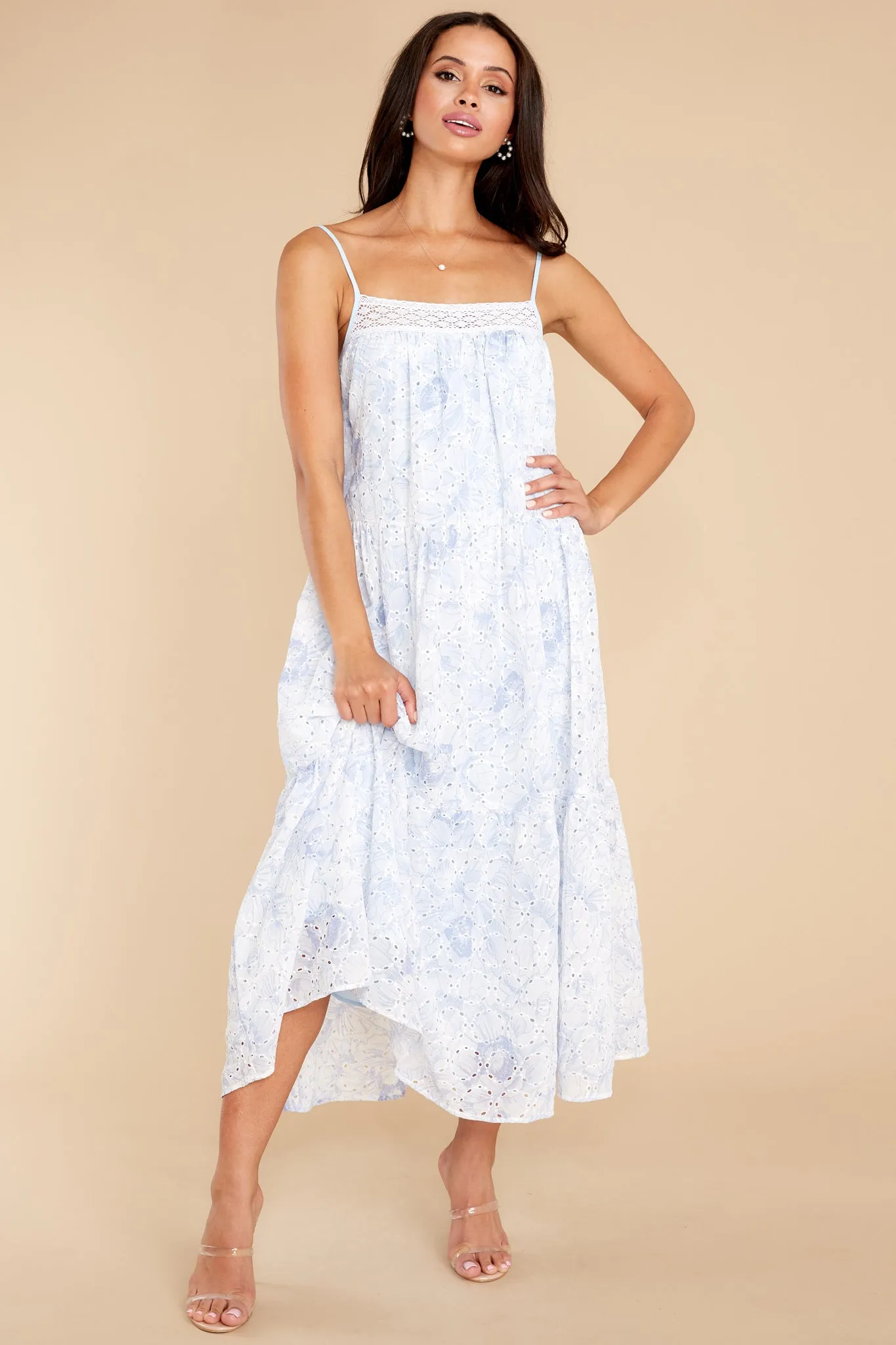Treat With Care Baby Blue Floral Print Eyelet Midi Dress