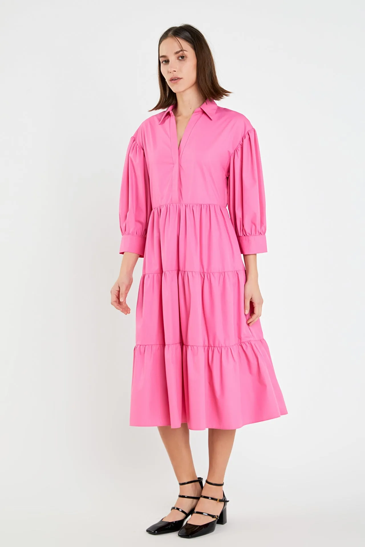 V-neckline Puff Sleeve Midi Dress