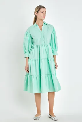 V-neckline Puff Sleeve Midi Dress