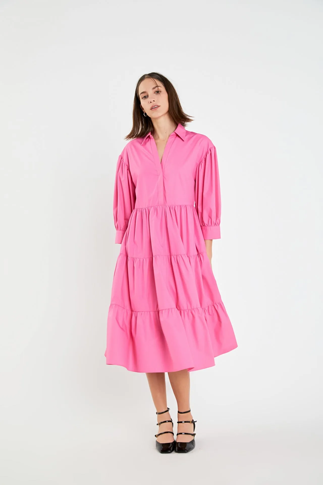 V-neckline Puff Sleeve Midi Dress
