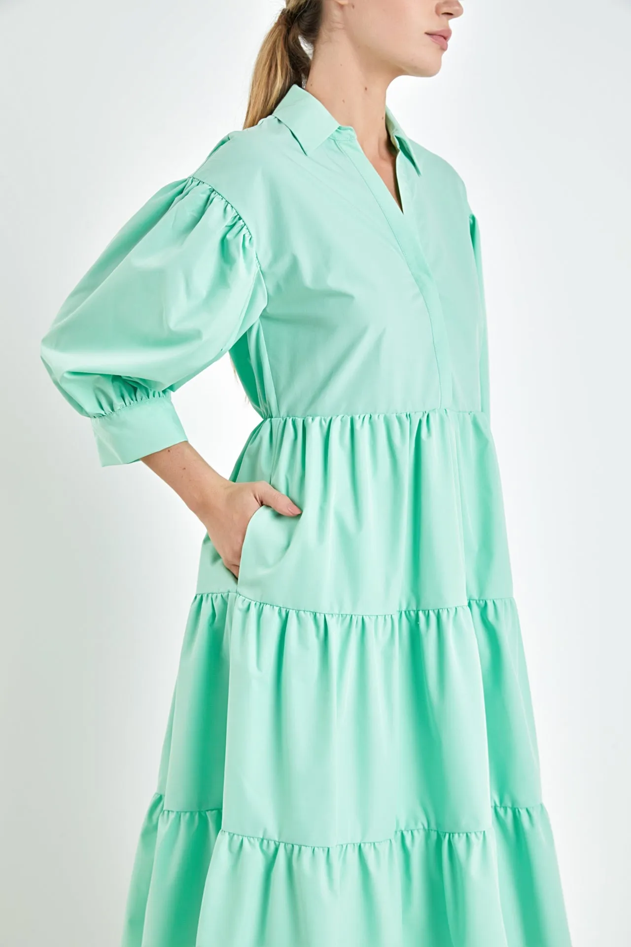 V-neckline Puff Sleeve Midi Dress