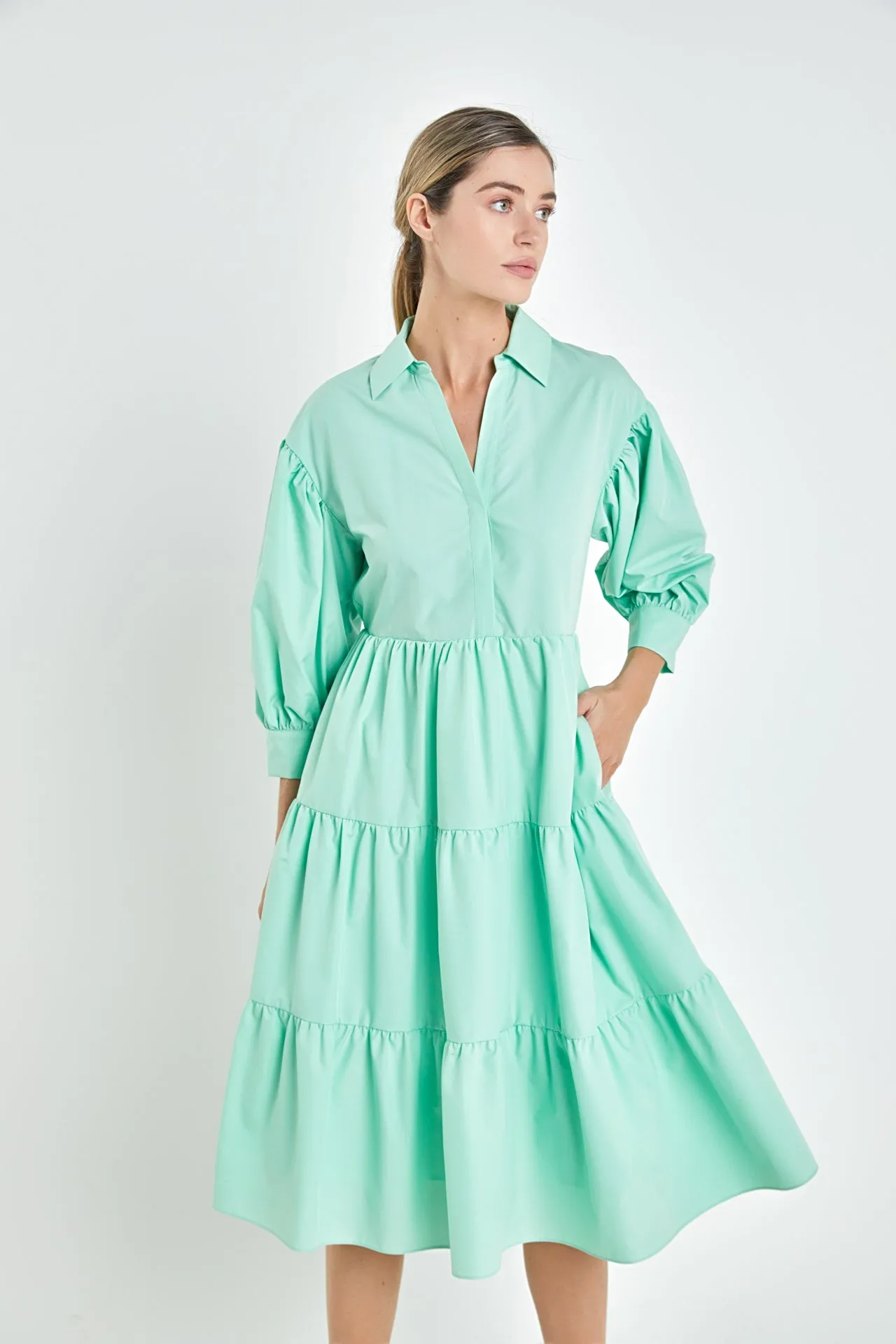 V-neckline Puff Sleeve Midi Dress