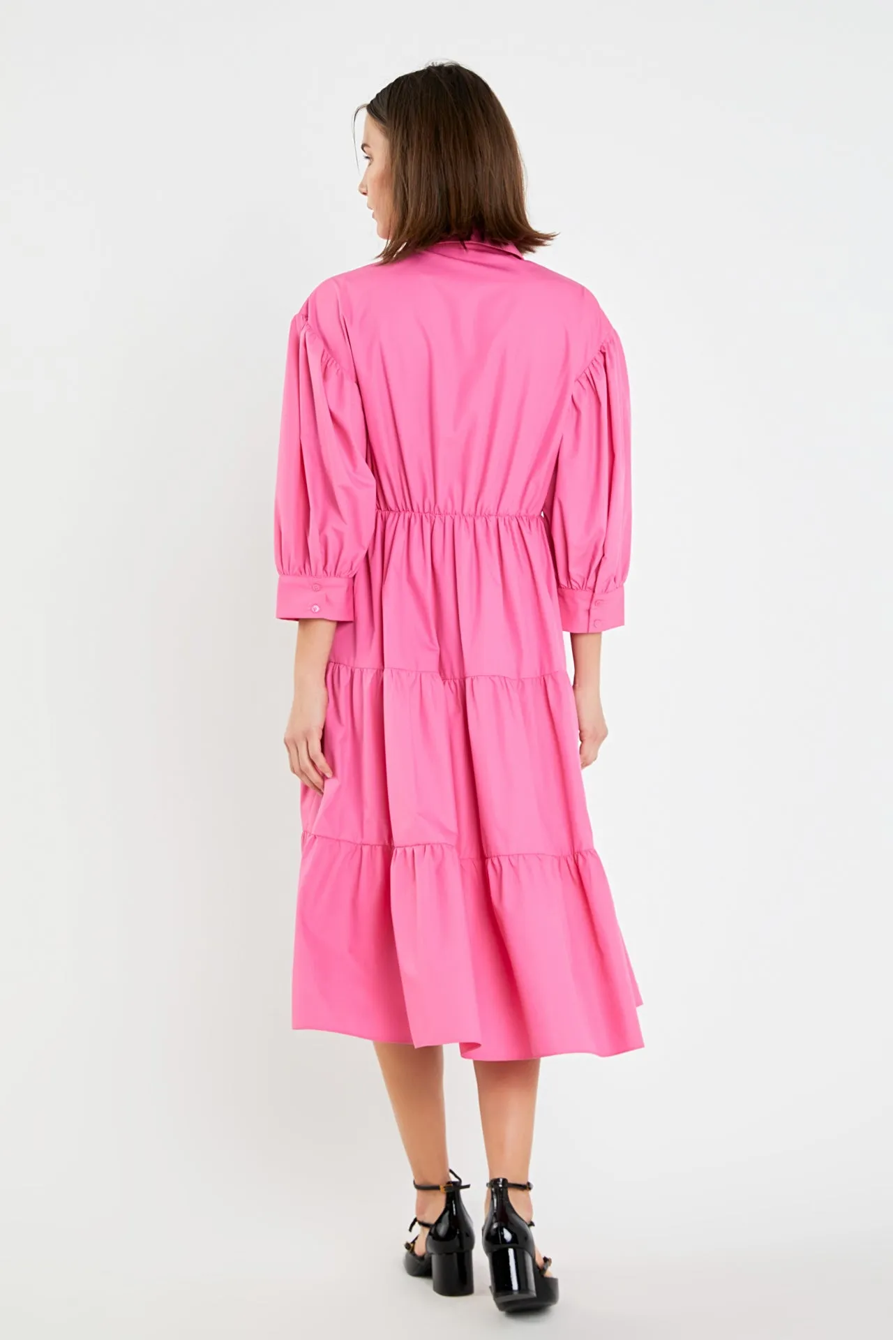 V-neckline Puff Sleeve Midi Dress