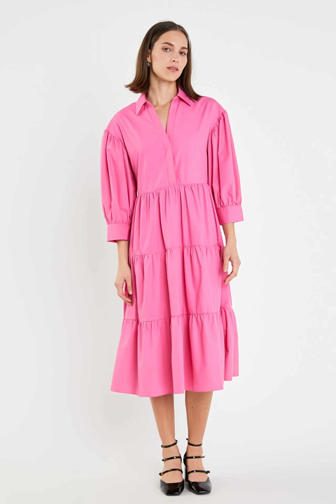 V-neckline Puff Sleeve Midi Dress