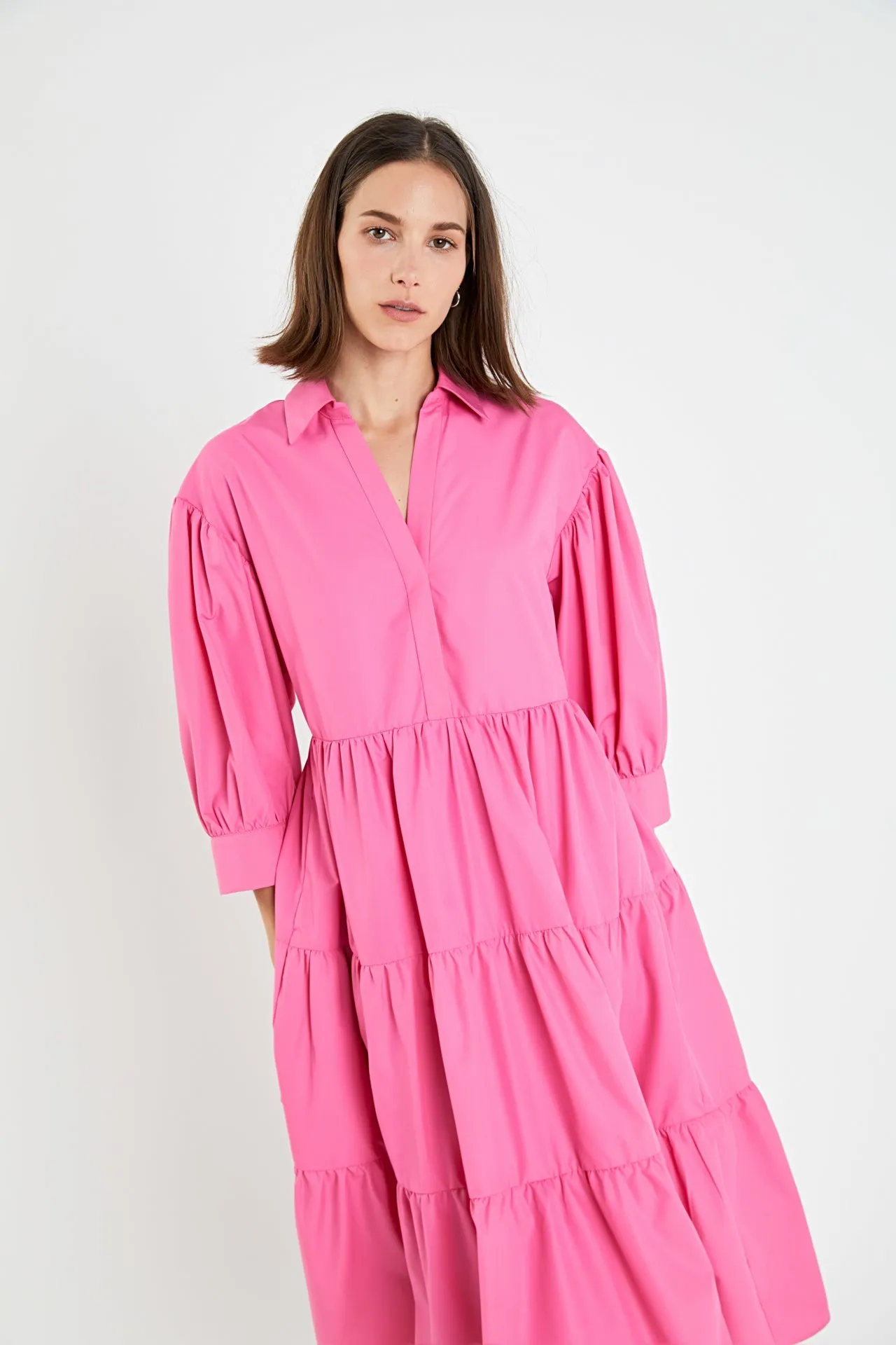 V-neckline Puff Sleeve Midi Dress