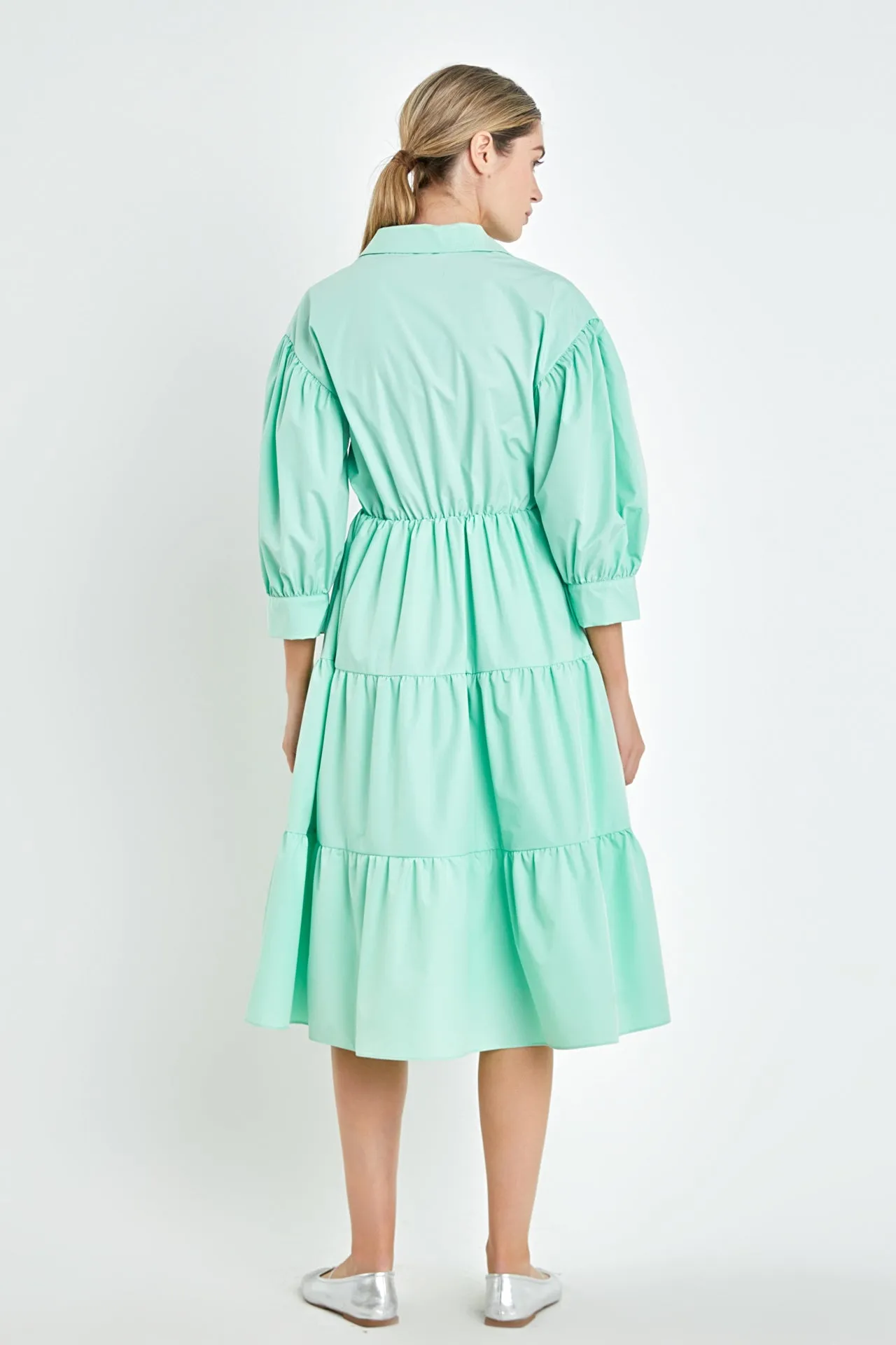 V-neckline Puff Sleeve Midi Dress
