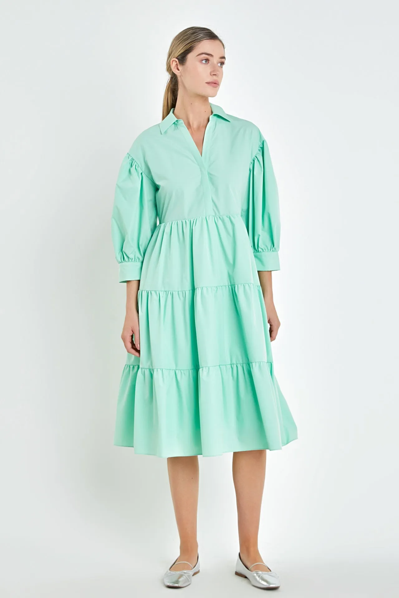 V-neckline Puff Sleeve Midi Dress