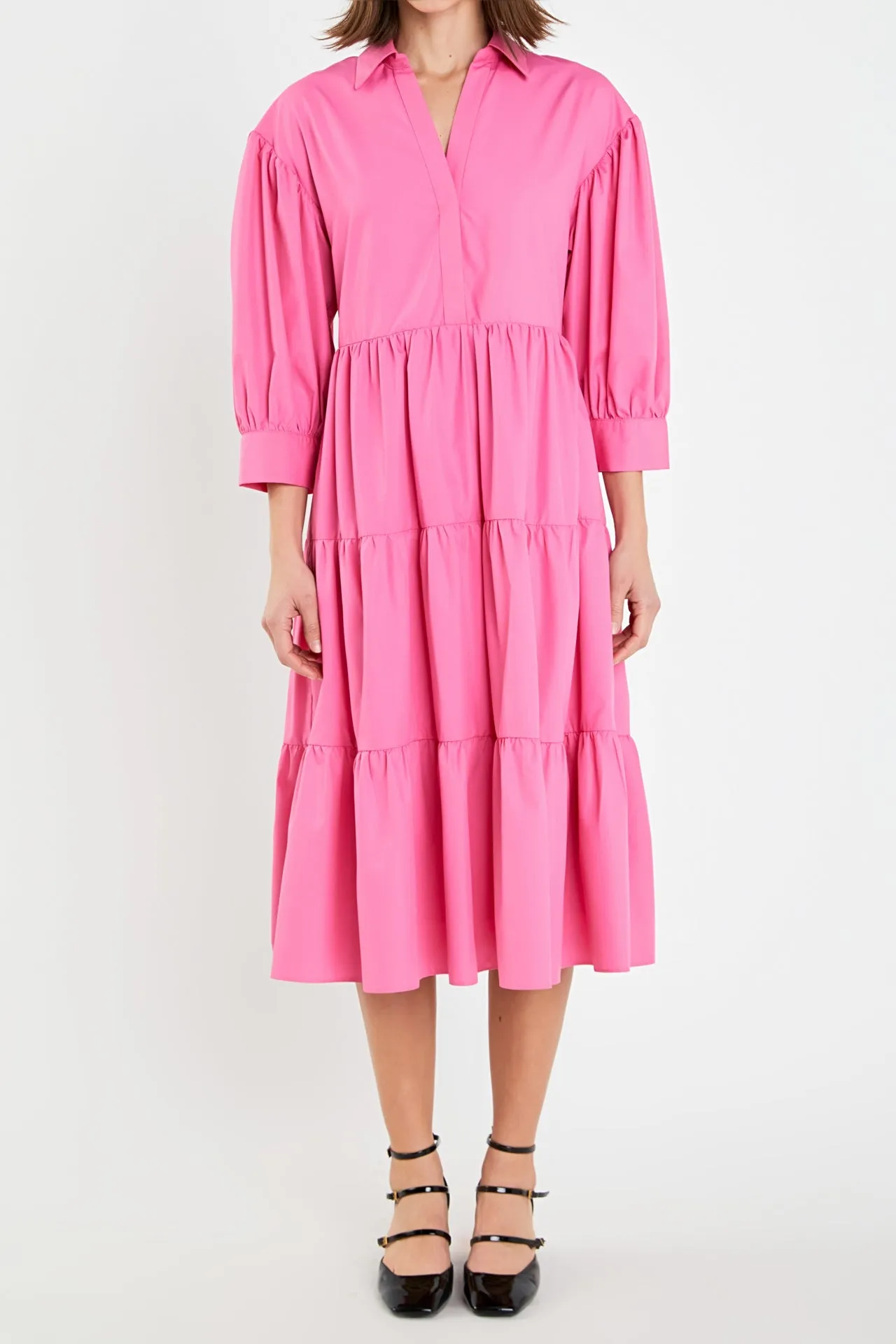 V-neckline Puff Sleeve Midi Dress
