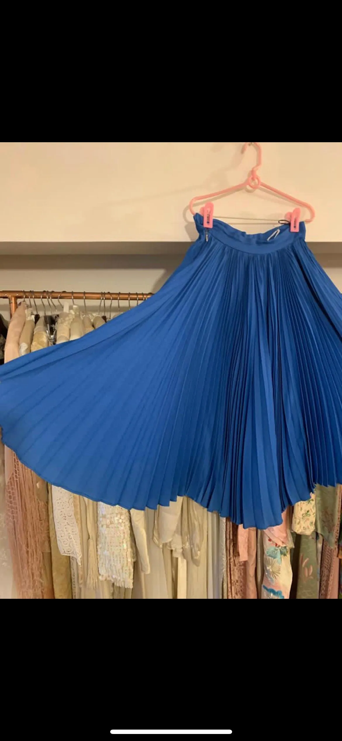 Vintage Biba gold label, electric blue pleated crepe skirt