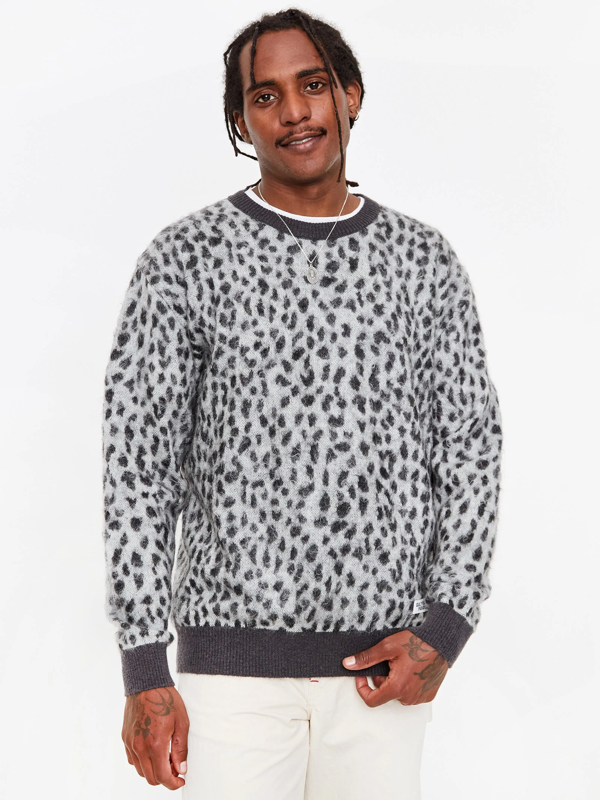 Wacko Maria Leopard Mohair Crewneck Jumper - White
